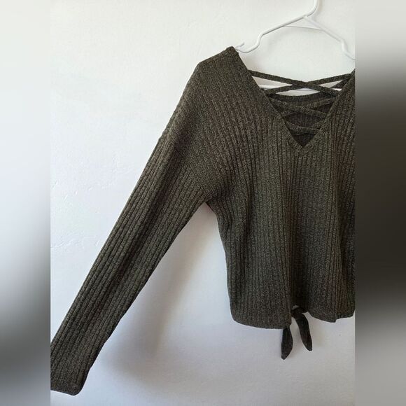 Green Ribknit Top Corset Tie Strappy Shirt Hippie Gypsy Casual Neutral Earthy - Picture 7 of 10